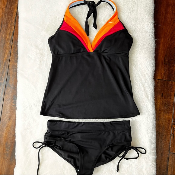 Nike Two Piece Swimsuit Black with Orange and Pink Size 8 - Picture 4 of 15